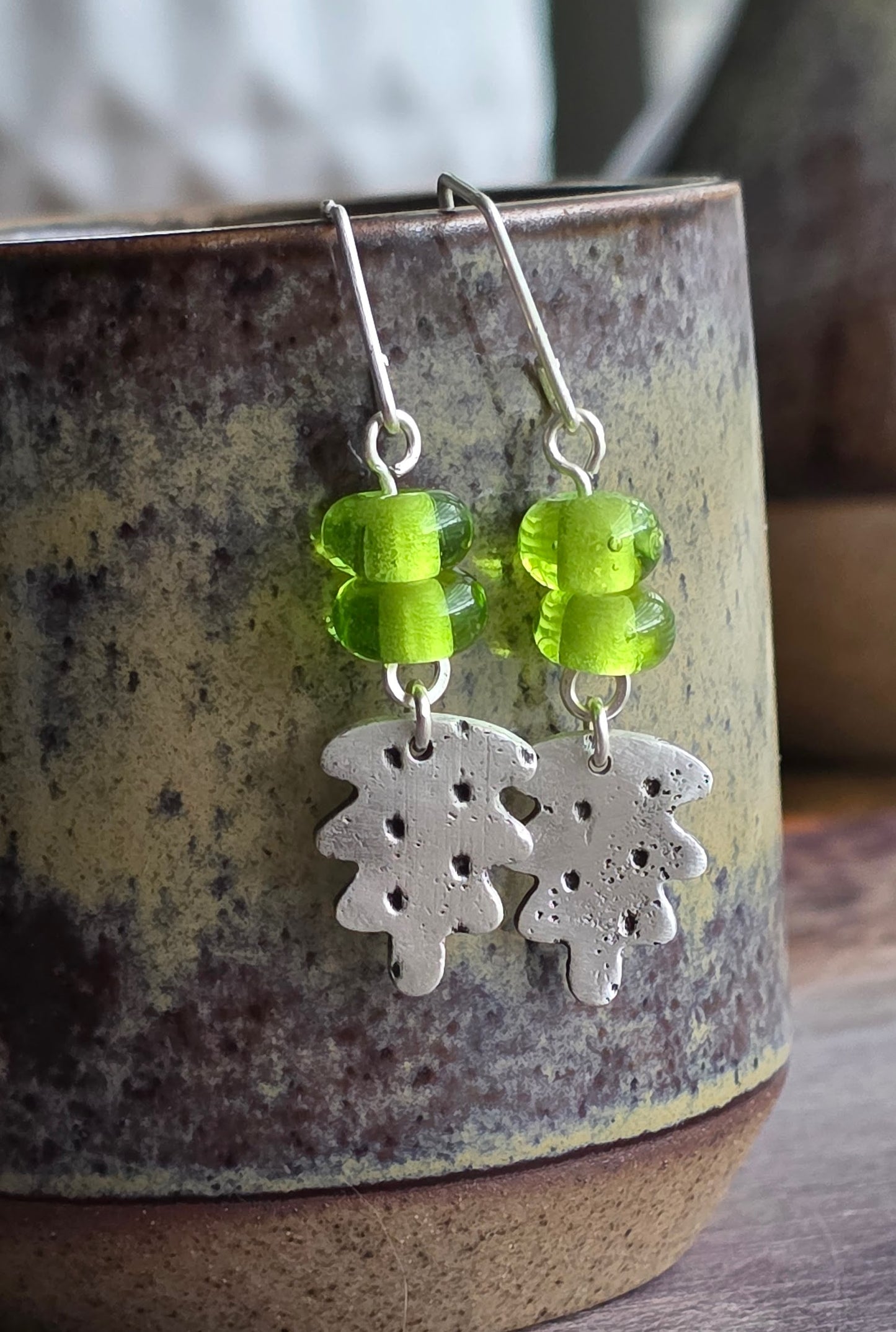 Green Lampwork Beads with Fine Silver Leaves