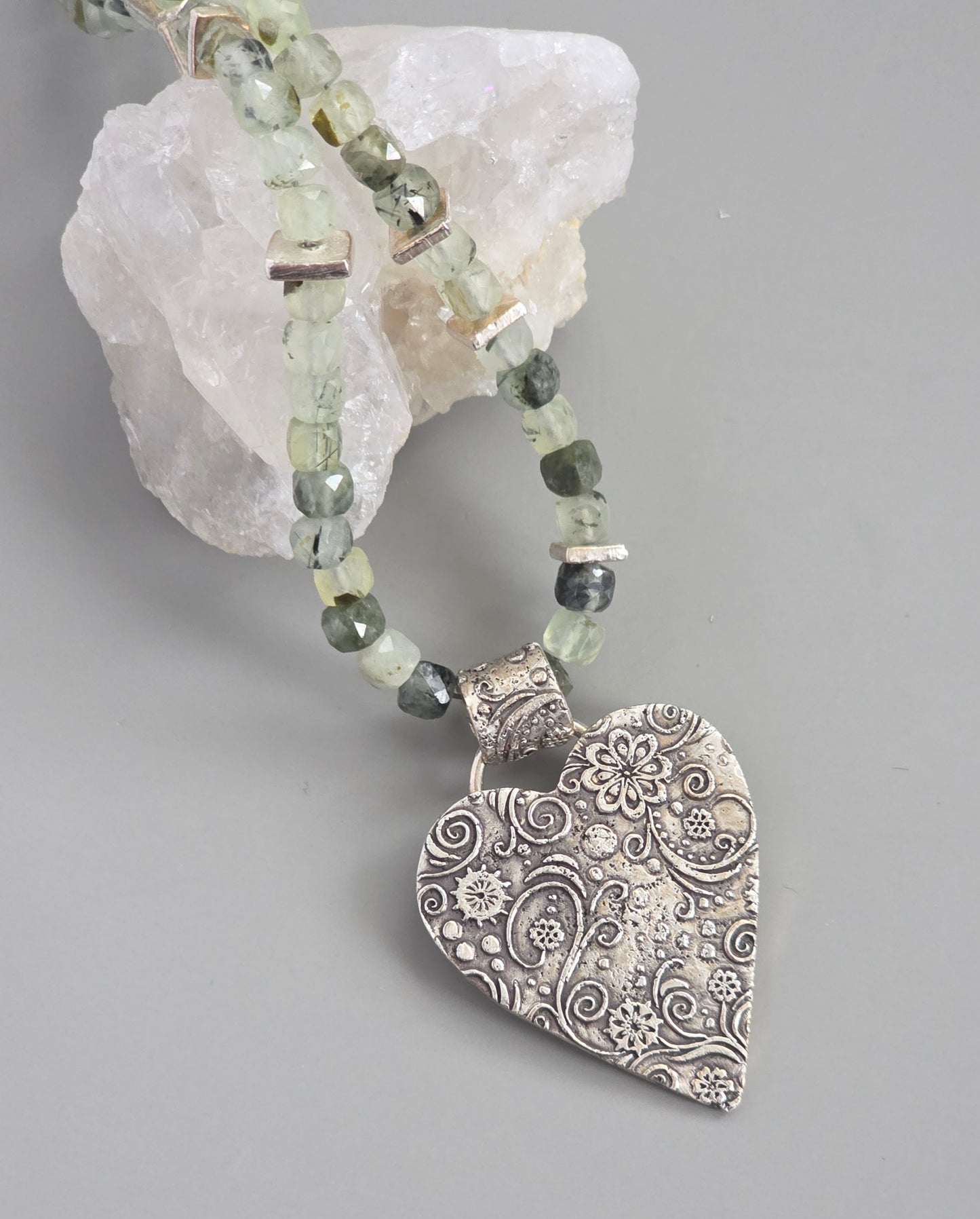 Handmade prehnite necklace with large fine silver textured heart pendant
