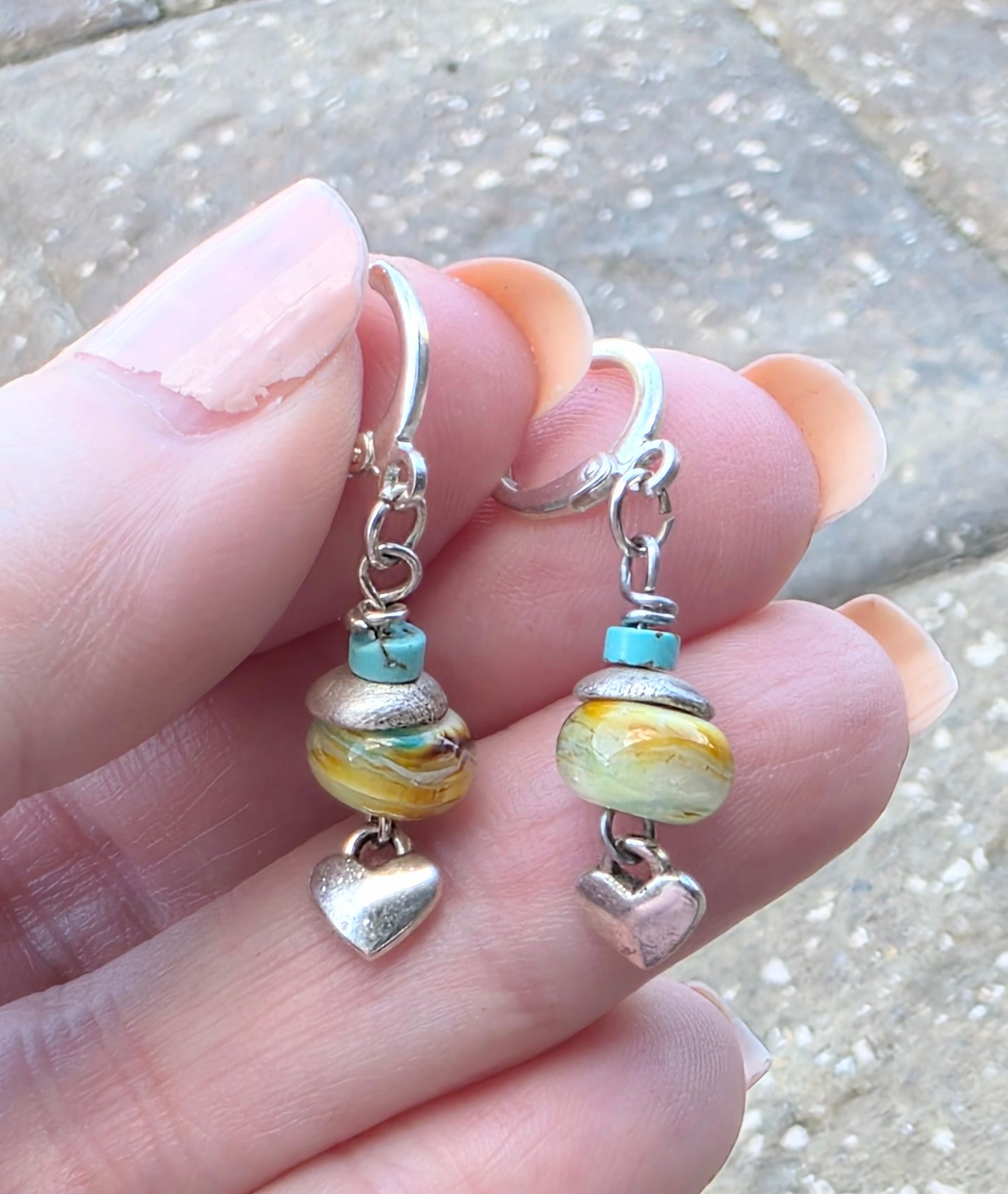 Little Rays of Sunshine – Lampwork Glass Earrings with Turquoise and Silver Heart
