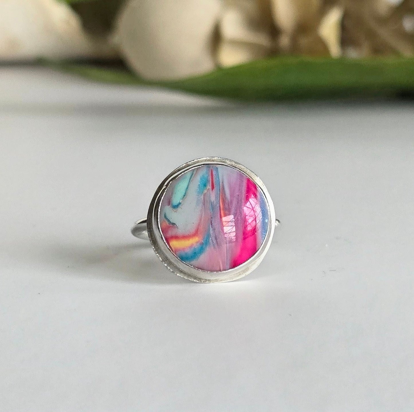 Rainbow Swirl Polymer Clay Sterling Silver Ring | Handmade Boho Statement Ring | Size 6