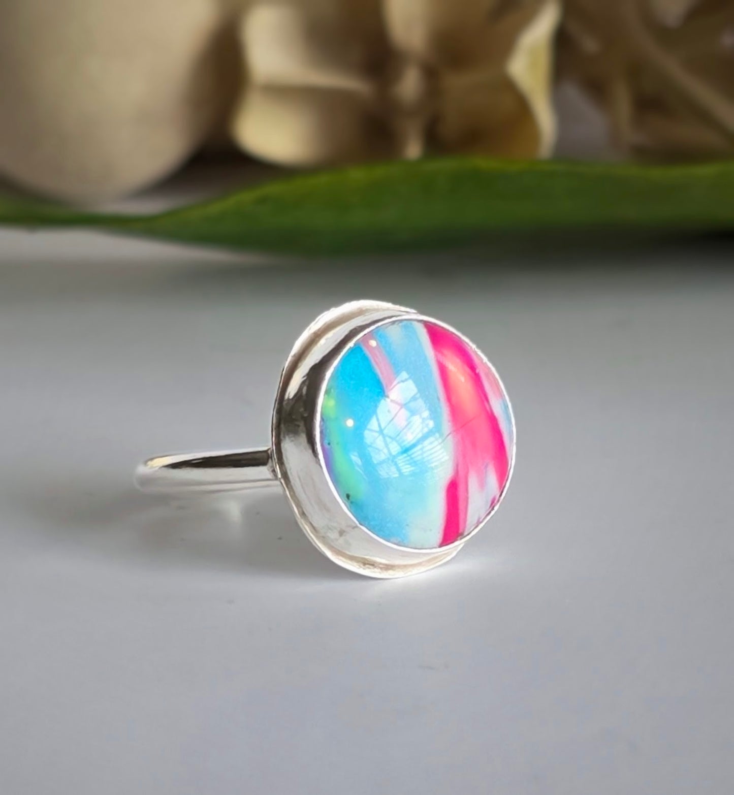 Cotton Candy Skies Polymer Clay & Sterling Silver Ring | Handmade Boho Statement Ring | Size 7.25