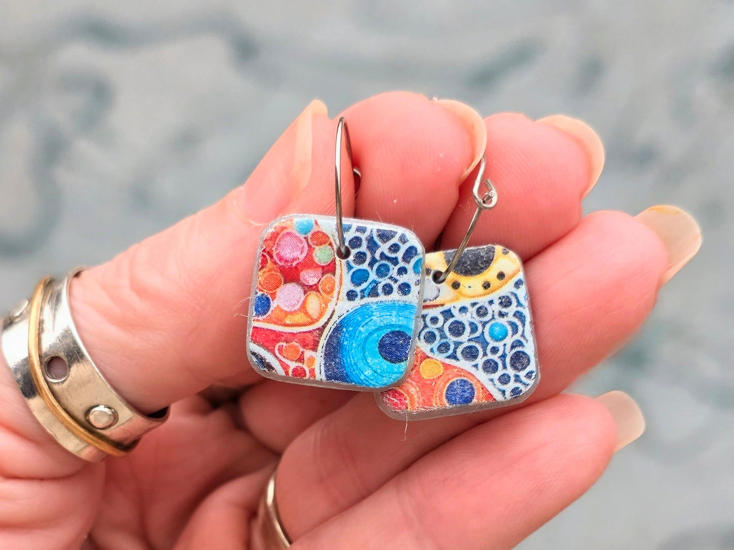 Colorful Polymer Clay Hoop Earrings, Abstract Dot Pattern Earrings, Lightweight Handmade Statement Hoops