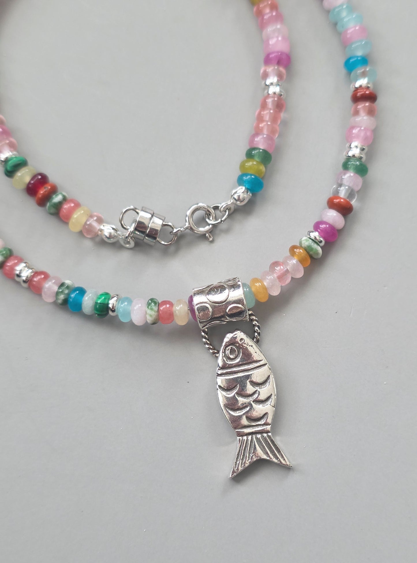 Mixed Gemstone Sterling Fish Charm Necklace