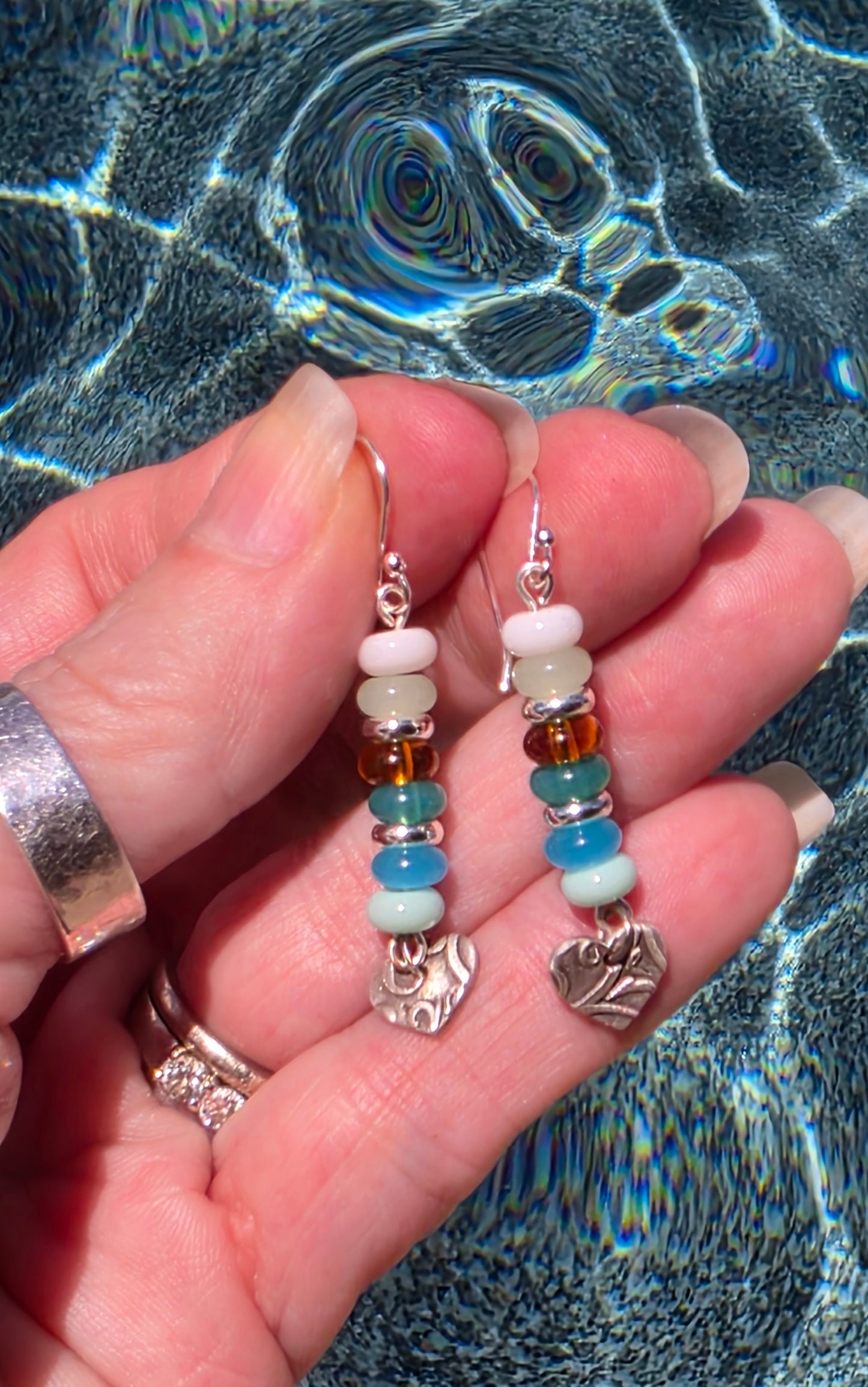 Glass Bead and Sterling Heart Charm Earrings