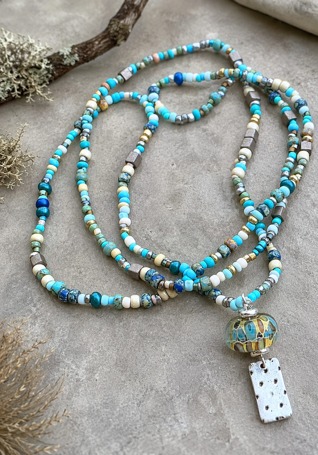 All Blues- Handmade Lampwork Bead with Silver Charm on Beaded Necklace