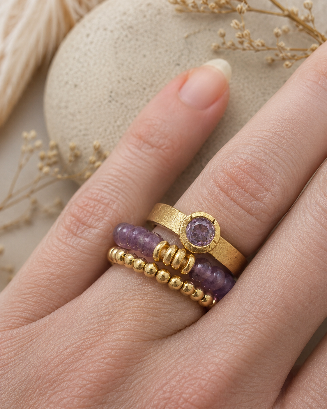 Organic Bronze and Amethyst Stacking Rings