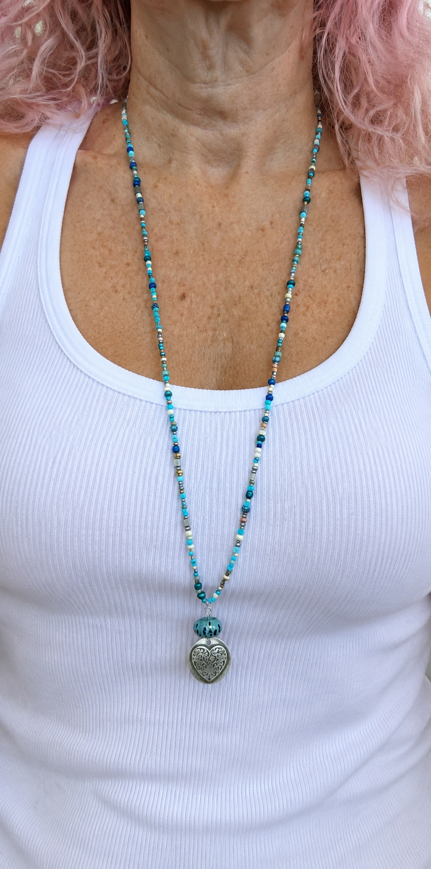Sterling Silver and Glass Long Beaded Necklace wit Heart