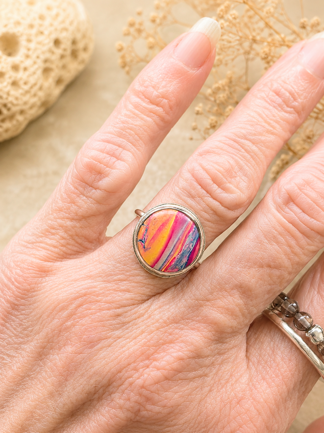 Sterling Silver & Colorful Polymer Clay Ring | Size 5