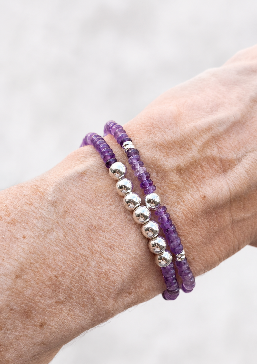 Amethyst and Silver Stacking Stretch Bracelets