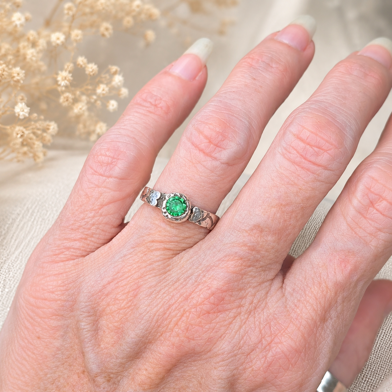 Green CZ Textured Heart Rustic Stacking Ring