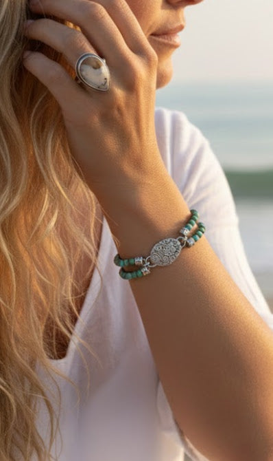 2 strand chrysocolla beaded bracelet with fine silver charms and "floating" silver beads