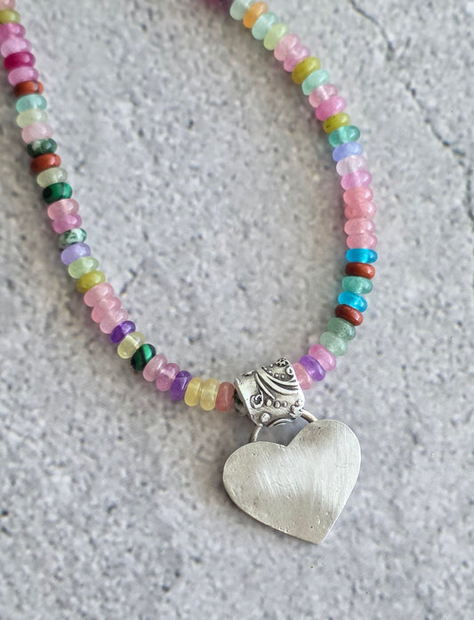Multi gemstone necklace with fine silver heart and floral bail