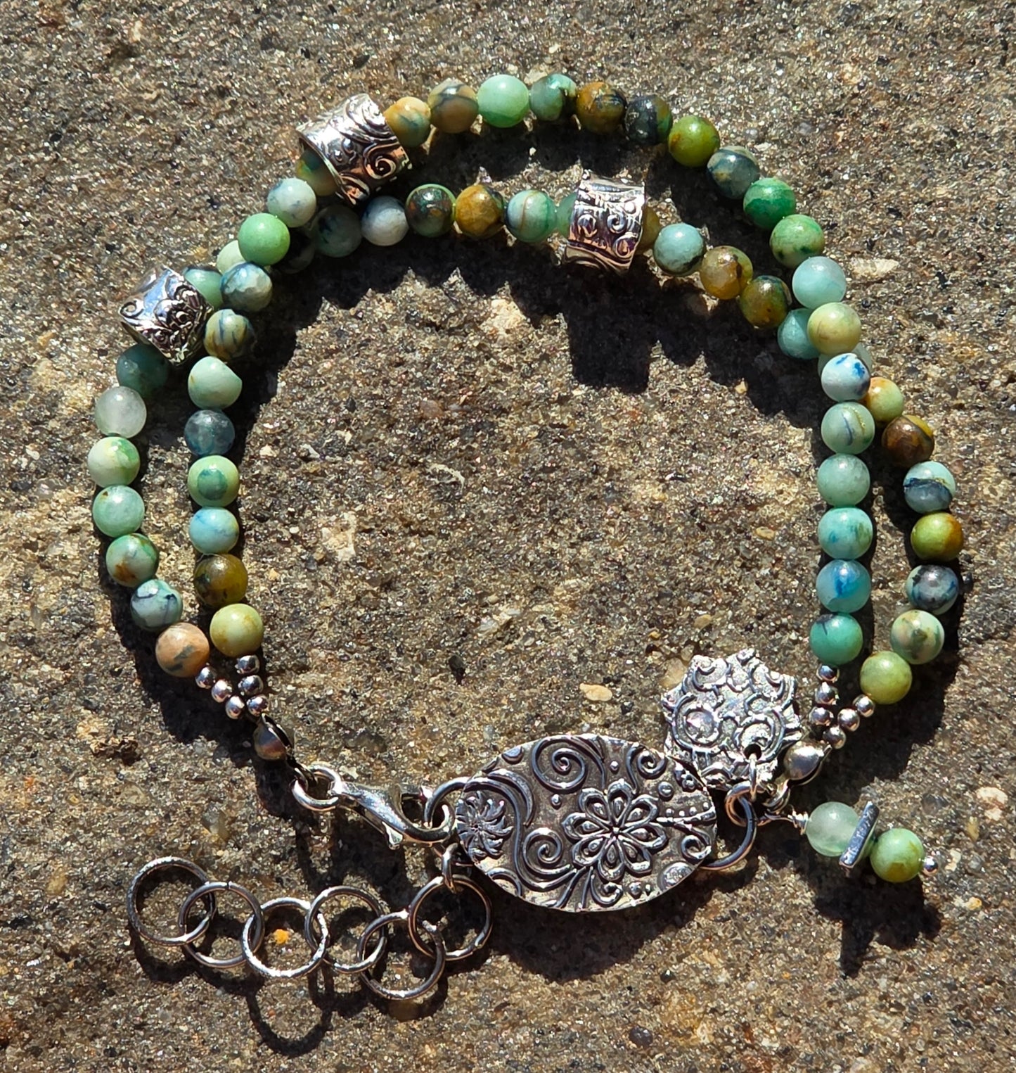 2 strand chrysocolla beaded bracelet with fines silver charms and "floating" silver beads