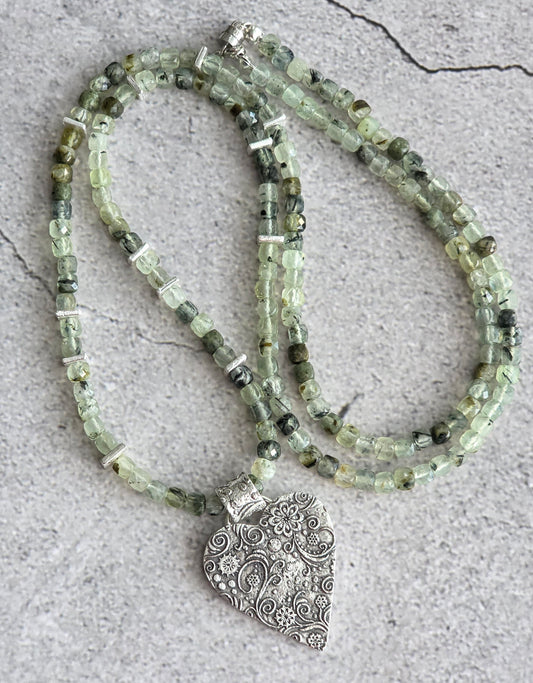 Handmade prehnite necklace with large fine silver textured heart pendant