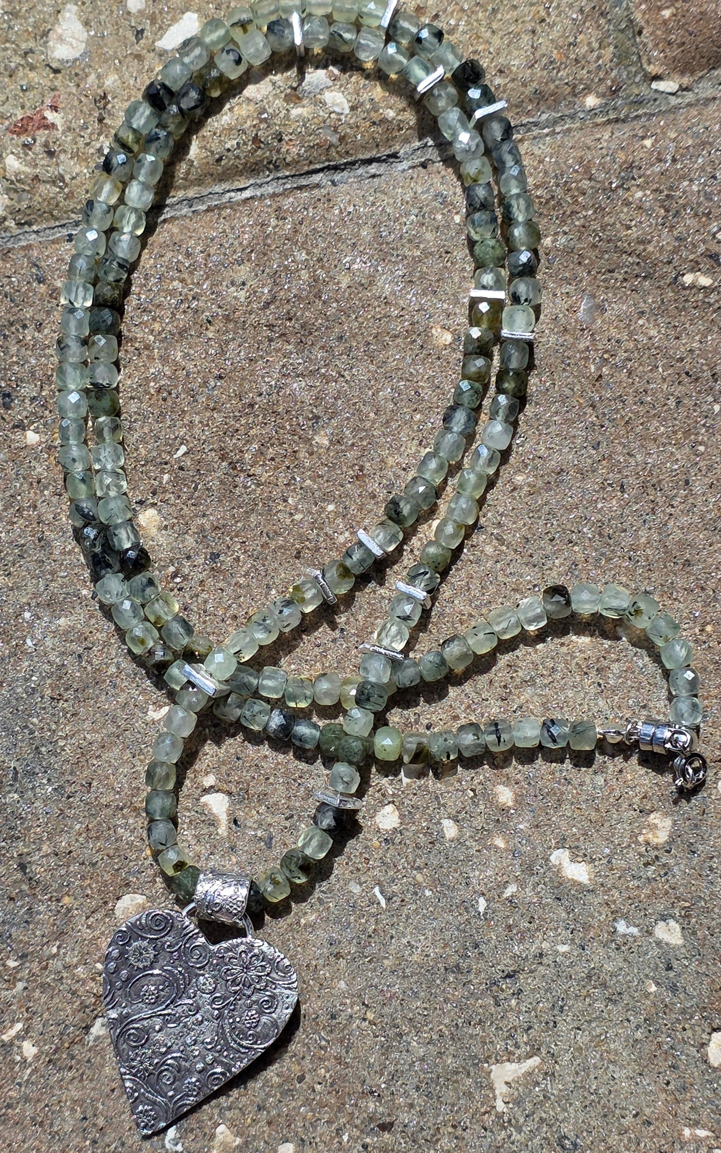 Handmade prehnite necklace with large fine silver textured heart pendant