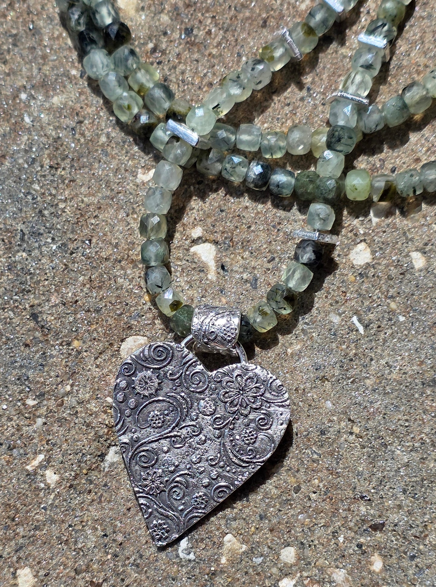 Handmade prehnite necklace with large fine silver textured heart pendant