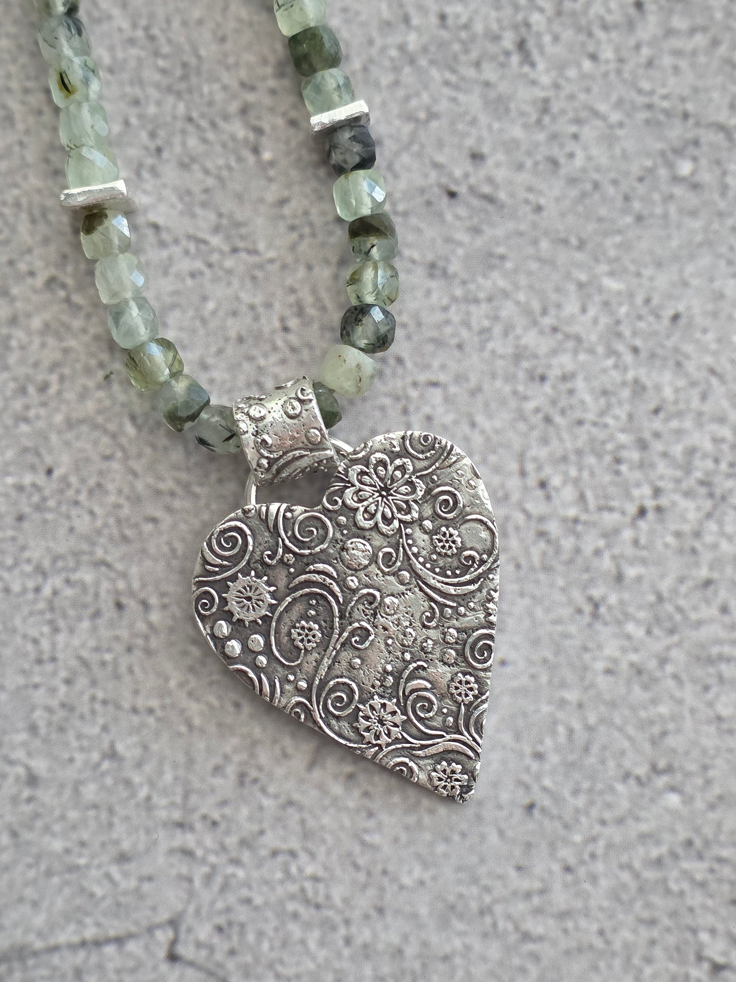 Handmade prehnite necklace with large fine silver textured heart pendant