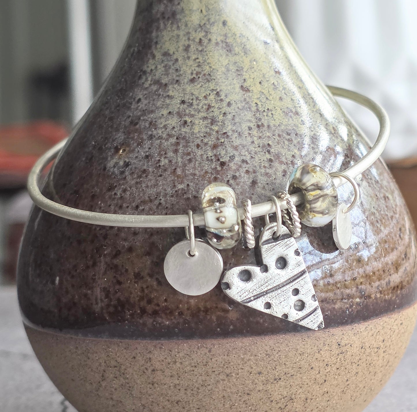 Lampwork Bead Heart Charm Bangle Bracelet