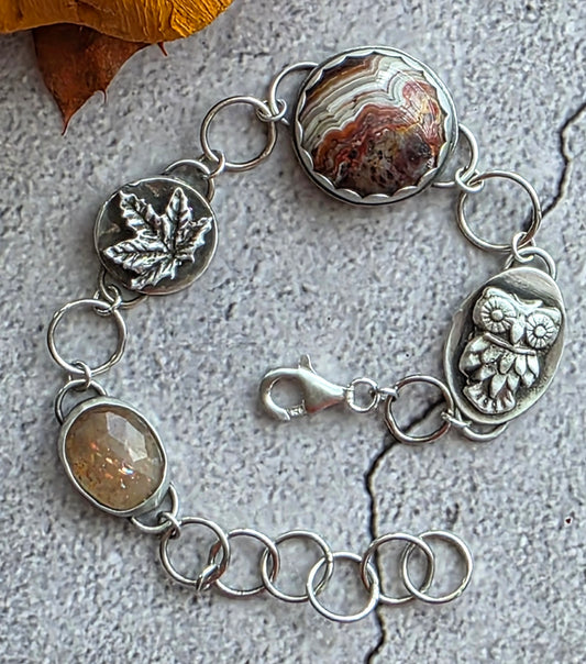 Autumn Gemstone and Owl and Leaf Charm bracelet