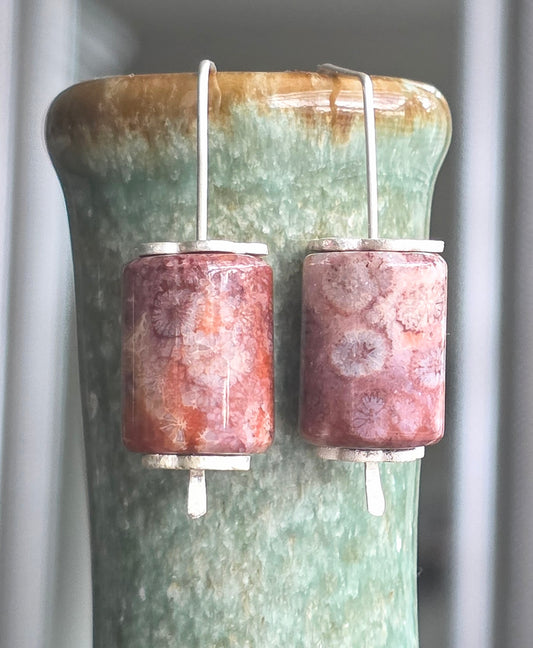 Fossilized Coral and Fine Silver Earrings