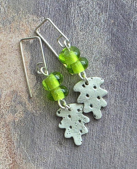 Green Lampwork Beads with Fine Silver Leaves