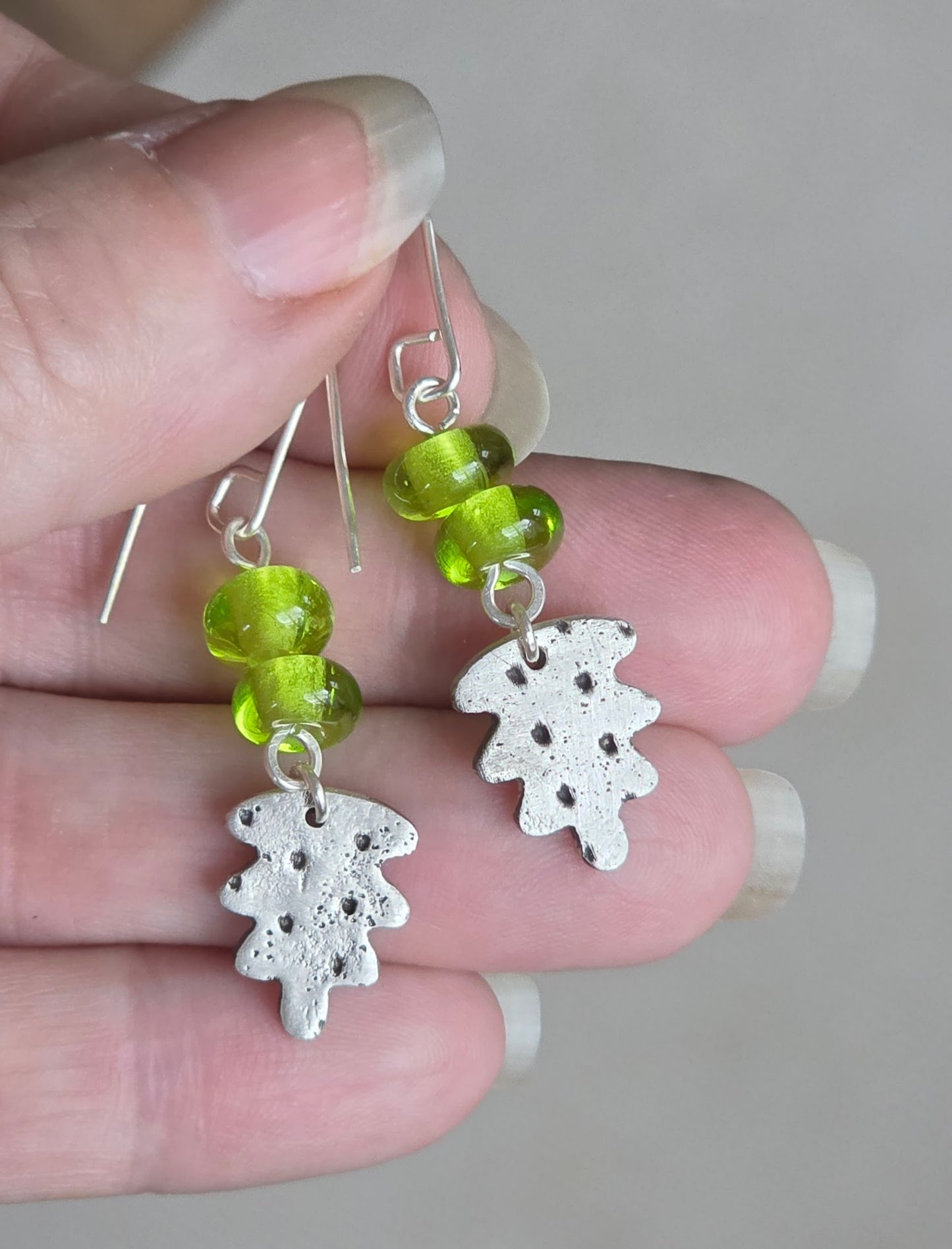 Green Lampwork Beads with Fine Silver Leaves
