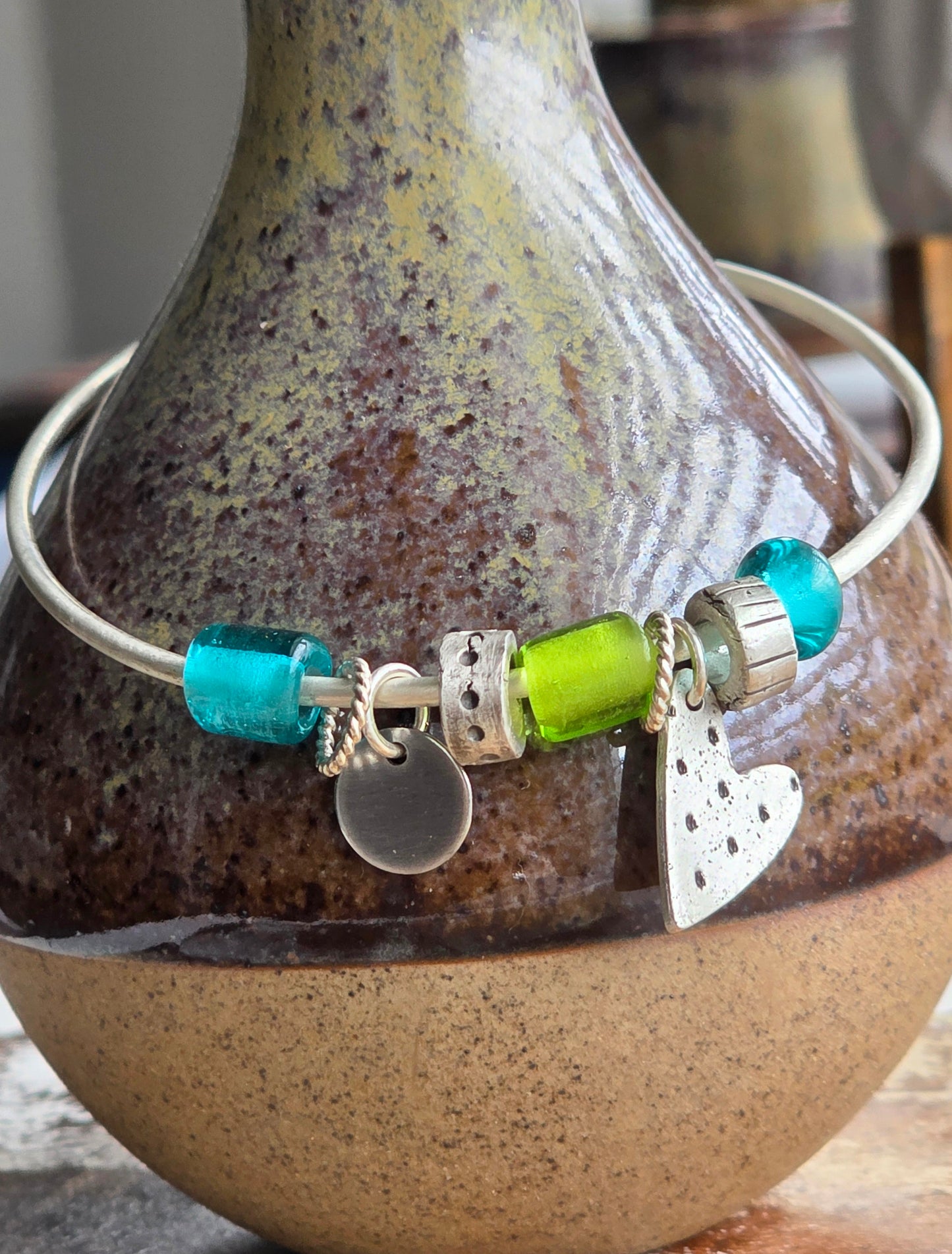 Lampwork bead and fine silver heart bangle bracelet