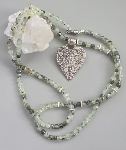 Handmade prehnite necklace with large fine silver textured heart pendant