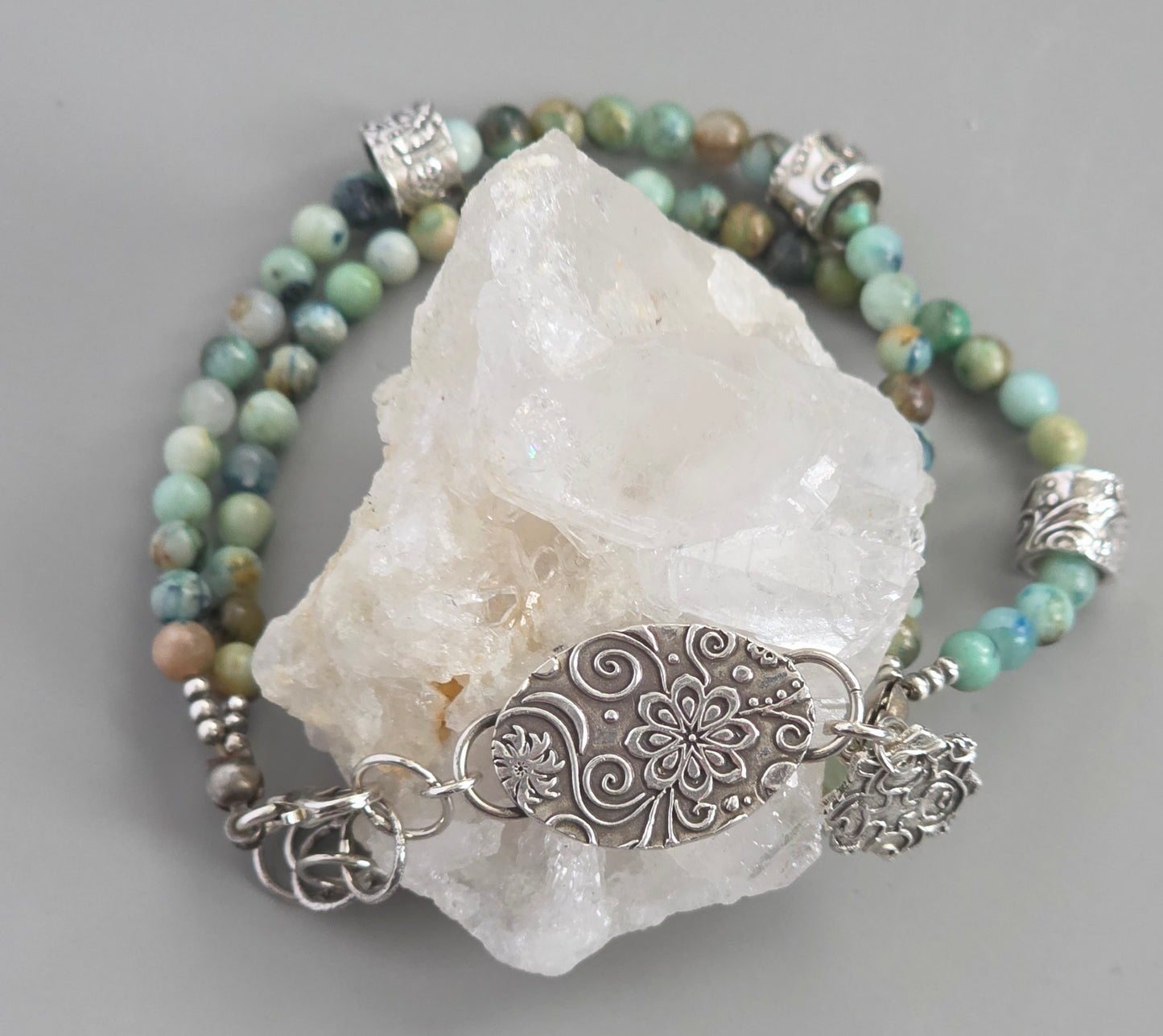 2 strand chrysocolla beaded bracelet with fines silver charms and "floating" silver beads