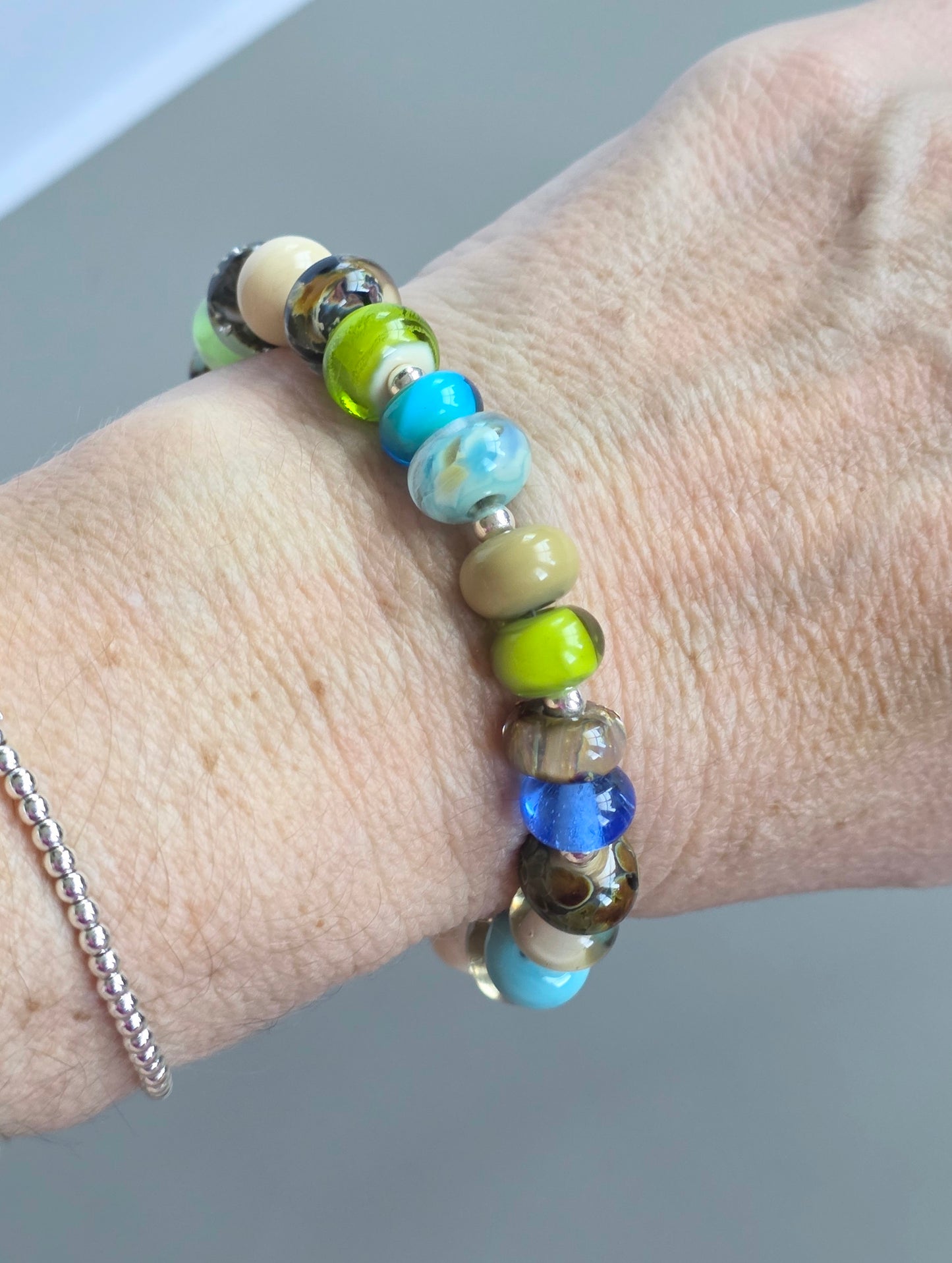 Shades of Blue Lampwork Bead and Silver Bracelet