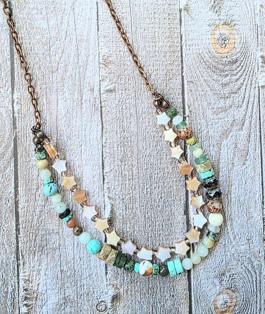 Boho Turquoise and Shell Star Layered Gemstone Necklace