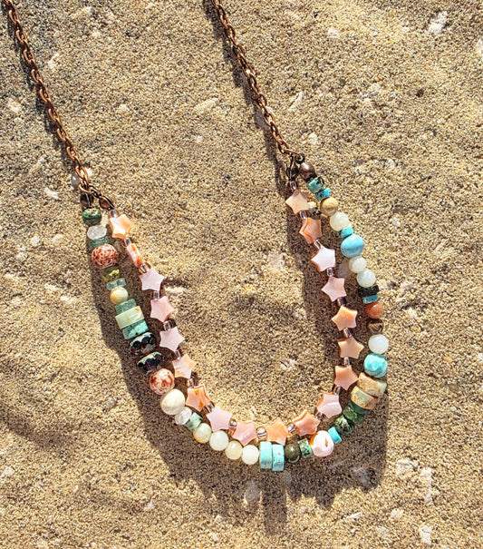 Boho Turquoise and Shell Star Layered Gemstone Necklace