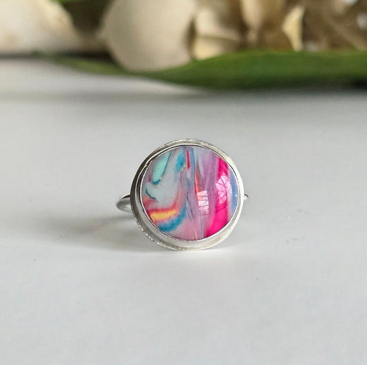 Rainbow Swirl Polymer Clay Sterling Silver Ring | Handmade Boho Statement Ring | Size 6