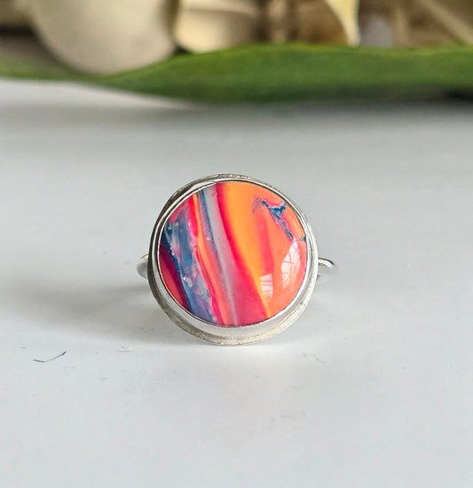 Desert Sunset Polymer Clay & Sterling Silver Ring | Handmade Boho Statement Ring | Size 5