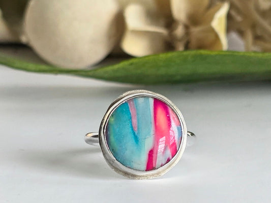 Cotton Candy Skies Polymer Clay & Sterling Silver Ring | Handmade Boho Statement Ring | Size 7.25