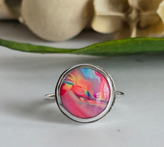 Aurora Swirl Polymer Clay & Sterling Silver Ring | Handmade Boho Statement Ring | Size 8