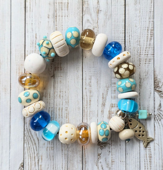 Ocean Treasure Bracelet – Handmade Lampwork & Clay Bead Bracelet with Fish Charm