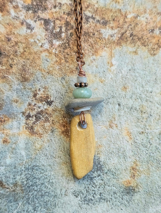 Seaside Grounding Amazonite Stone Shell Copper Necklace Earthy Boho Pendant