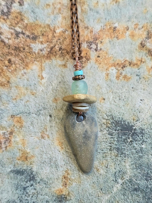 Ocean Path Sea Glass Stone Shell Turquoise Copper Necklace Earthy Boho Pendant