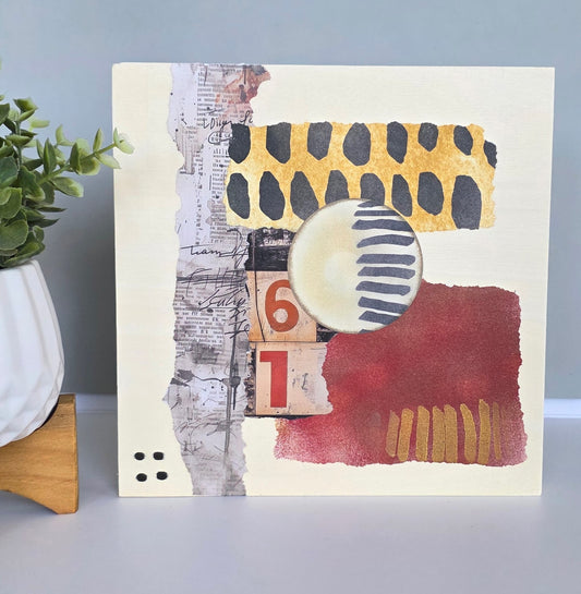 Number Study-Abstract Mixed Media Collage on Wood Canvas – 8x8 Original Artwork