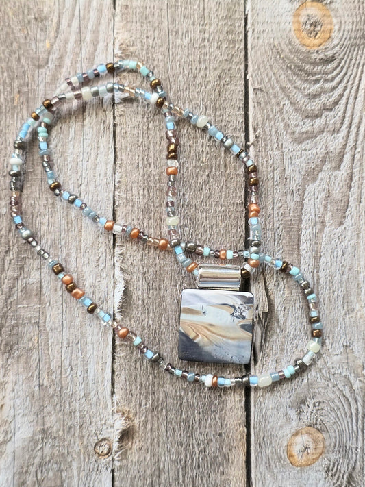 Ocean Drift Polymer Clay Pendant Stretch Necklace – Blue Neutral Beaded Boho Jewelry
