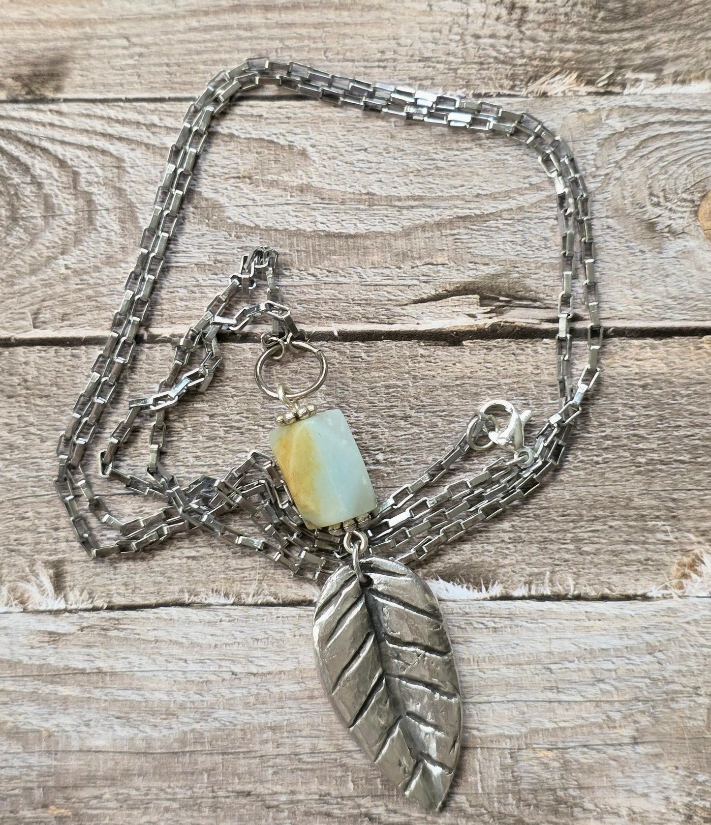 Amazonite Necklace Sterling Silver Leaf Pendant Handmade Gemstone Jewelry Boho Natural Stone Necklace