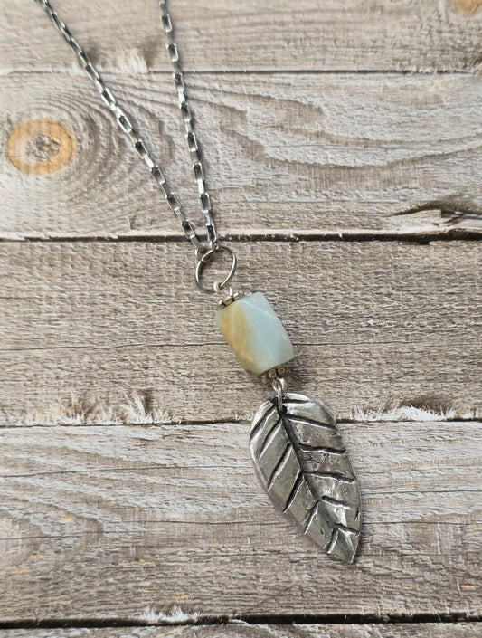Amazonite Necklace Sterling Silver Leaf Pendant Handmade Gemstone Jewelry Boho Natural Stone Necklace