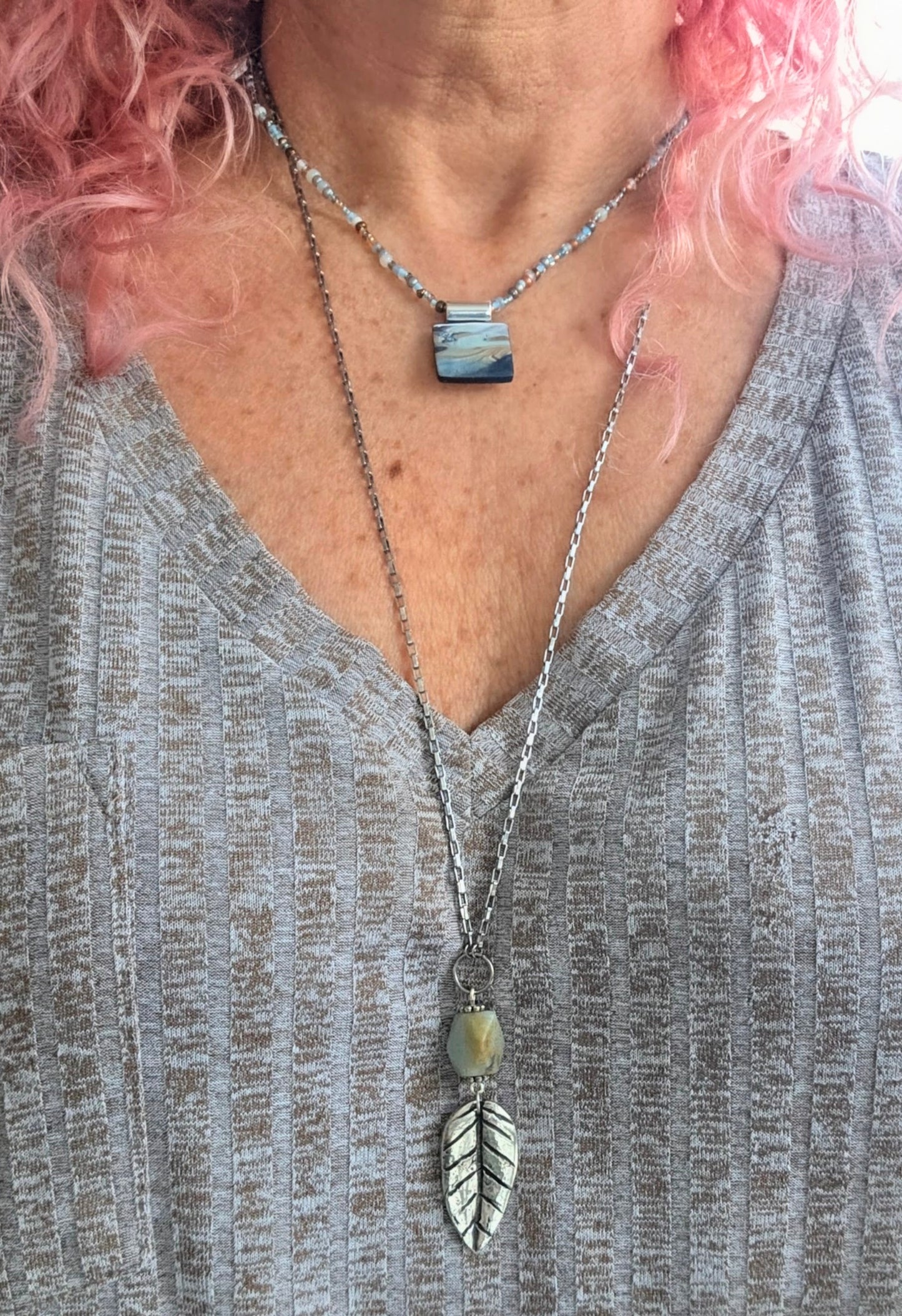 Amazonite Necklace Sterling Silver Leaf Pendant Handmade Gemstone Jewelry Boho Natural Stone Necklace