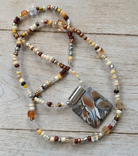 Polymer Clay Pendant Stretch Necklace, Neutral Beaded Necklace, Earth Tone Jewelry, Brown Cream Silver Beads, Handmade Statement Necklace