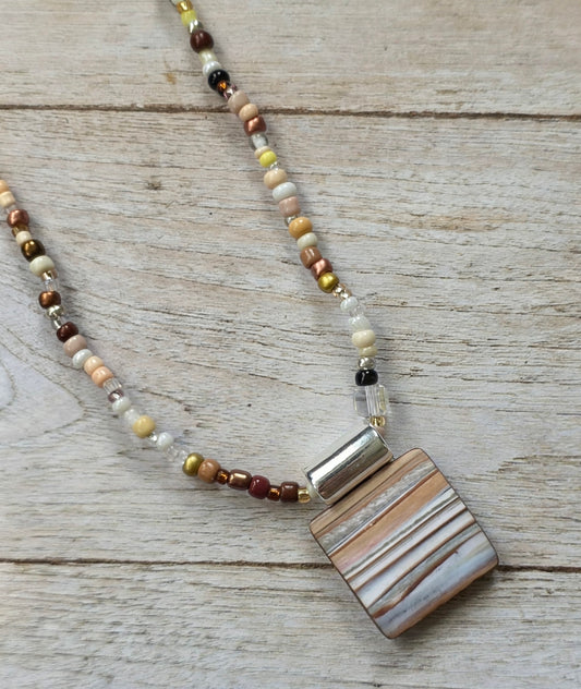 Striped Polymer Clay Pendant Stretch Necklace, Neutral Beaded Necklace, Earth Tone Jewelry, Brown Cream Glass Beads, Handmade Necklace