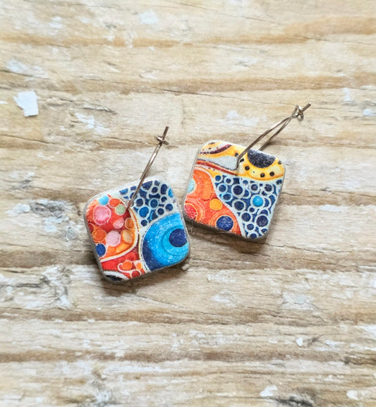 Colorful Polymer Clay Hoop Earrings, Abstract Dot Pattern Earrings, Lightweight Handmade Statement Hoops