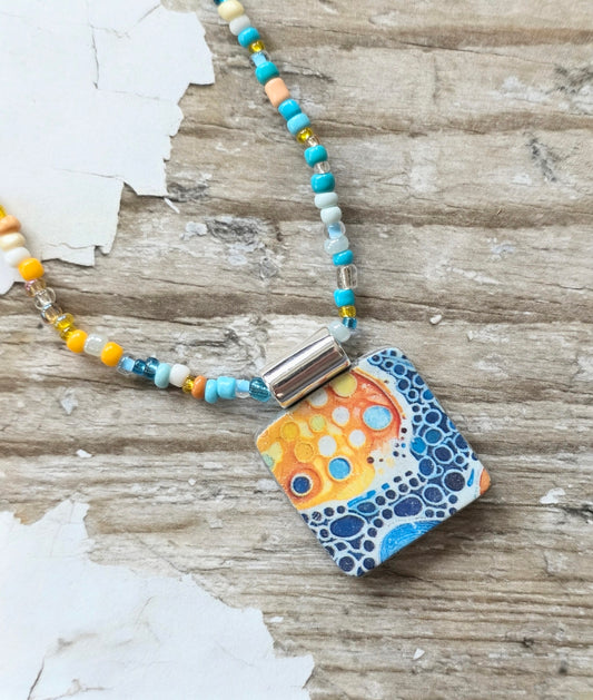 Colorful Beaded Necklace with Handmade Polymer Clay Pendant, Beach-Inspired Jewelry, Lightweight Layering Necklace