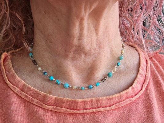 Turquoise, Smoky Quartz, Mother of Pearl & Amazonite Beaded Chain Necklace