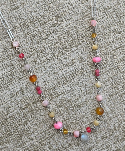 Pink Opal, Pink Tourmaline, Mother of Pearl & Moonstone Charm Beaded Chain Necklace